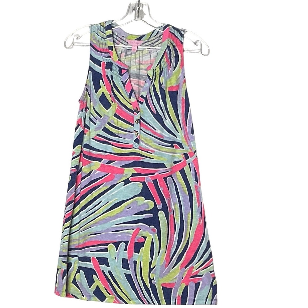 Lilly‎ Pulitzer Dress S V-Neck Sleeveless Palm Leaf Print Blue Pink Green